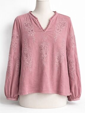Soft Surroundings XL Pink Embroidered Boho Top Long Sleeve Flowy